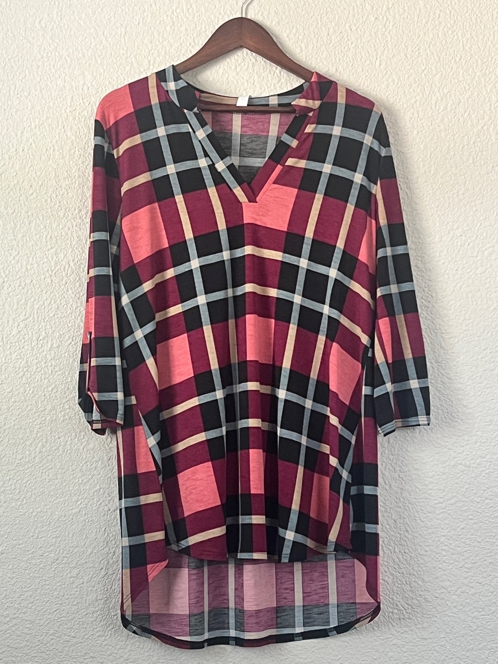 Paisley Grace Plaid High Low Tunic Top Coral Burgundy Navy